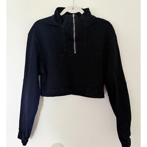 8th of LA Black Denim Cropped Pullover Jacket Quarter Zip Elastic Cuff Sz L